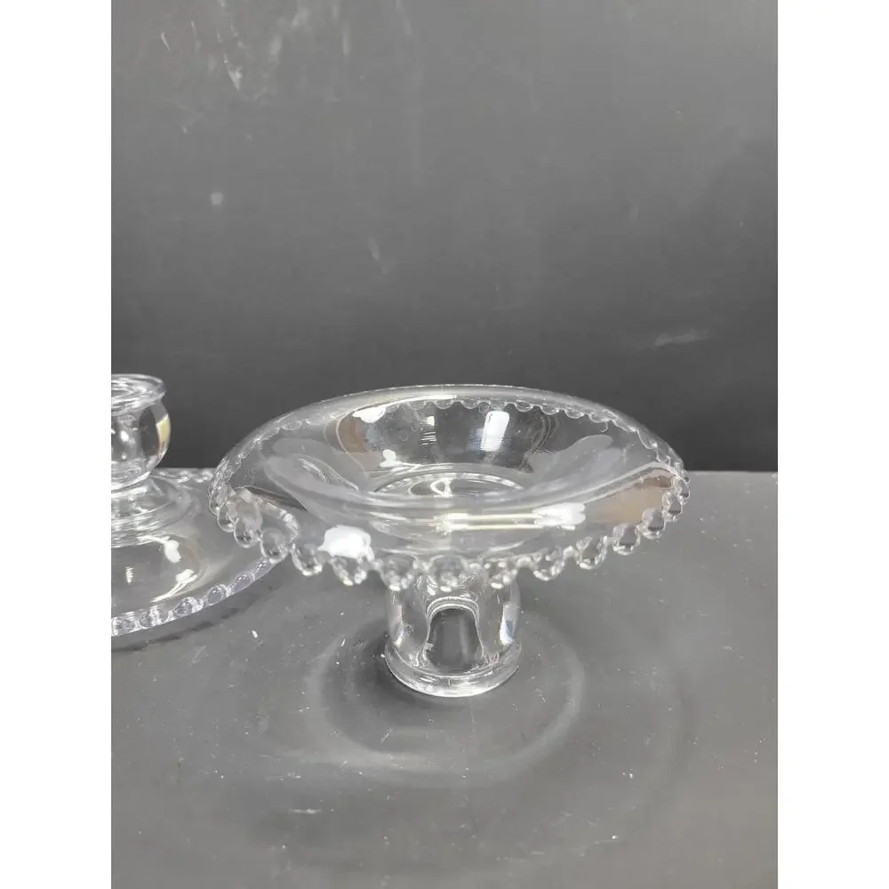 2 Vintage Candlewick  Candle Holders Beaded Flat Candlesticks, Blue Hue